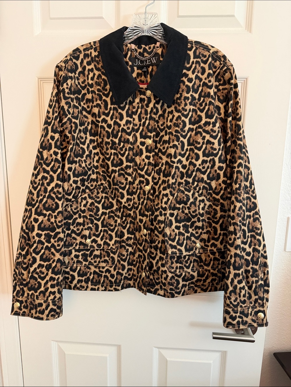 J. Crew Leopard Print Bomber Jacket with Black Collar